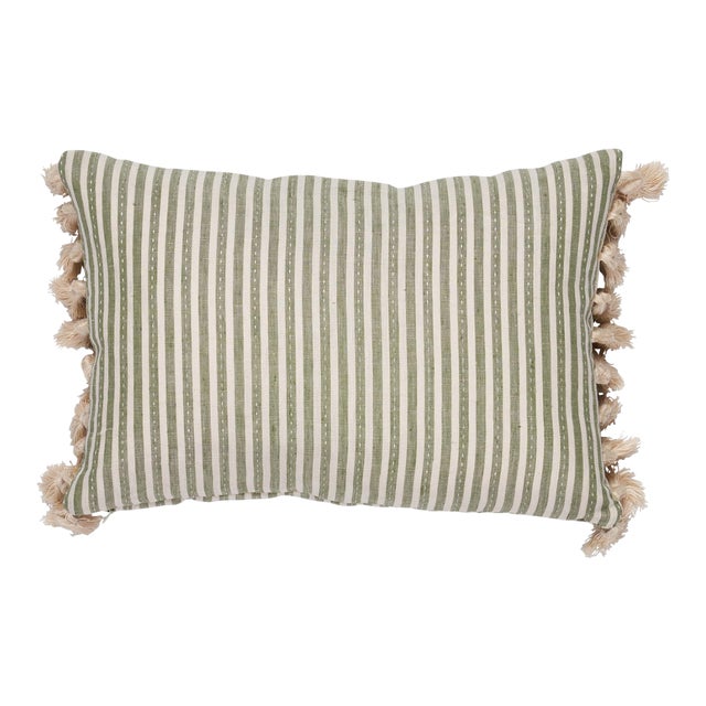 Schumacher Mathis Ticking Stripe 16” Lumbar Pillow in Sage For Sale