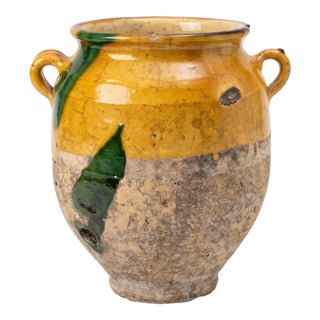A 19th C French Terra Cotta Yellow Ochre and Green Glazed Confit Jar For Sale