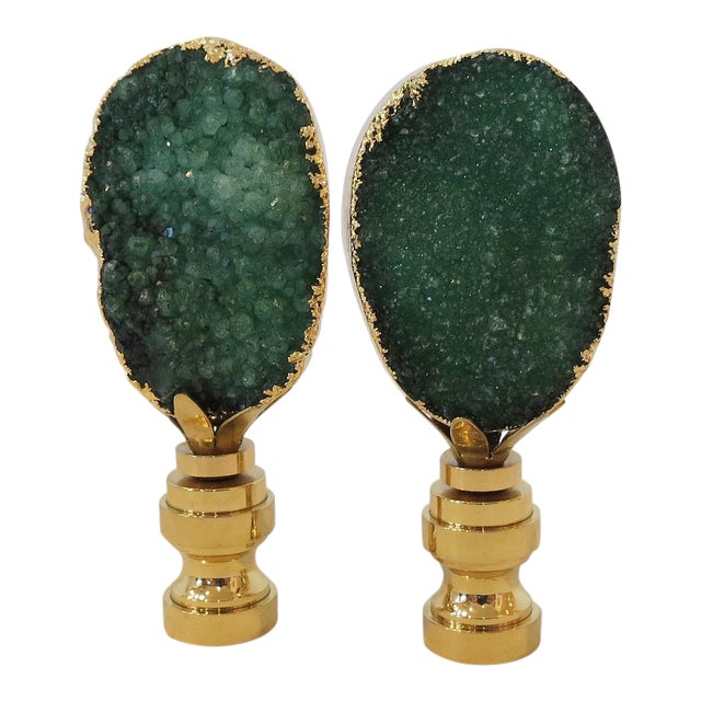 Emerald Green Geode & 14kt Gold Finials - A Pair For Sale