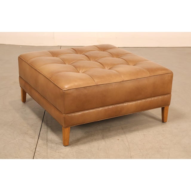 High Quality Button Tufted Brown Leather Square Top Ottoman on Square Tapered Legs