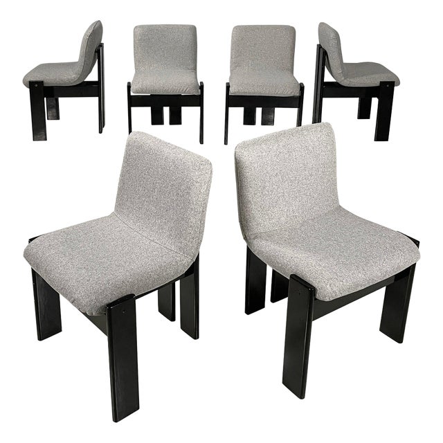 Italian Modern Black Lacquered Wood and Grey Fabric Chairs from Salocchi, 1970s, Set of 6 For Sale