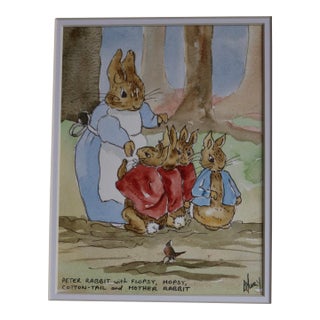 Late 20th Century Peter, Flopsy, Mopsy, Cotton Taił & Mother Rabbit Original Watercolor by Anne Murray For Sale