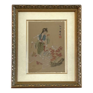 1970s Chinese Poem Autum Leaf Goddes Art Dynasty Signed Painting on Silk For Sale