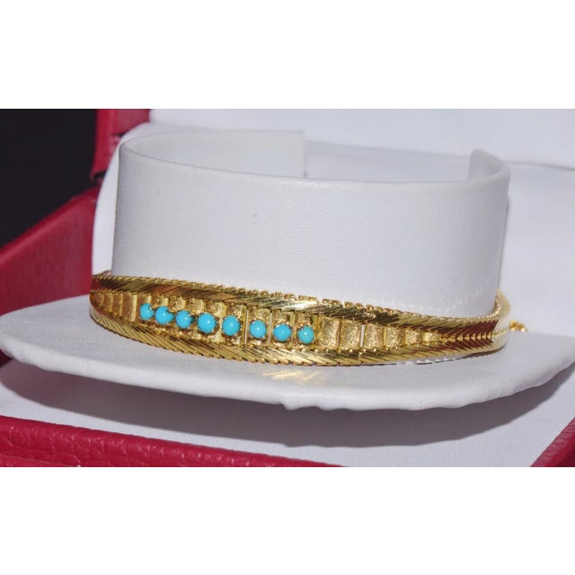 Early 21st Century Estate Natural Turquoise Solid 18K Gold Snake Chain Bangle Bracelet For Sale - Image 5 of 12