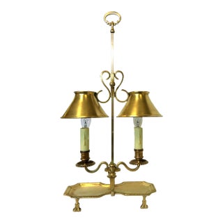 Antique Italian Brass Student Oil Lamp Converted to Electric With Adjustable Height Shades For Sale