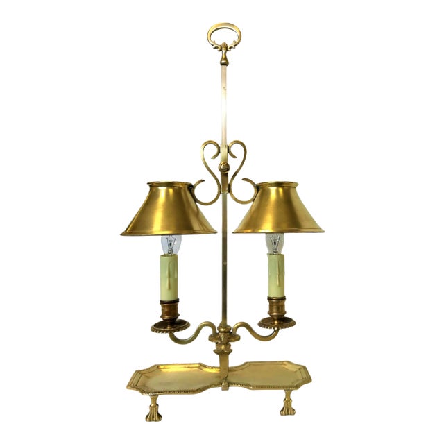 Antique Italian Brass Student Oil Lamp Converted to Electric With Adjustable Height Shades For Sale