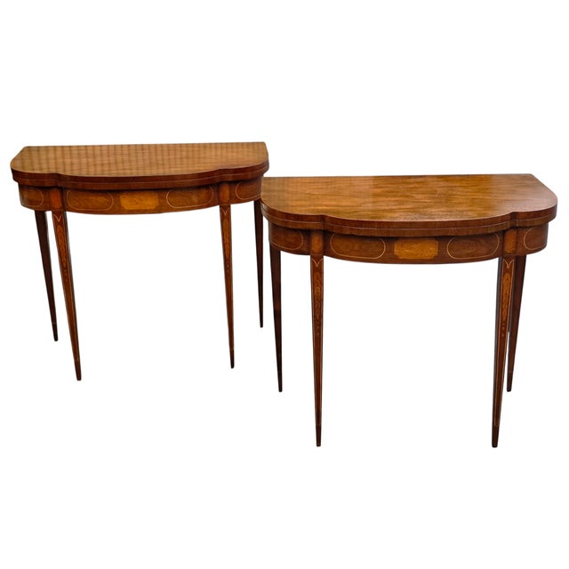 Pair of Vintage Baker Furniture Federal Style Inlaid Mahogany Card Tables For Sale - Image 15 of 17
