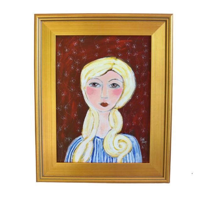 Contemporary French Mademoiselle W/ Curly Blonde Hair Portrait Oil Painting W/ Antiqued Gold Wood Frame For Sale - Image 3 of 12