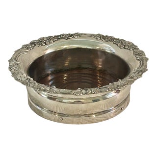 Vintage Heavy Silver Over Copper Wine Bottle Coaster With Turned Wood Base For Sale