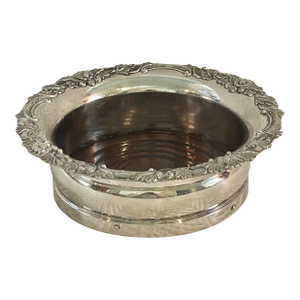 Vintage Heavy Silver Over Copper Wine Bottle Coaster With Turned Wood Base