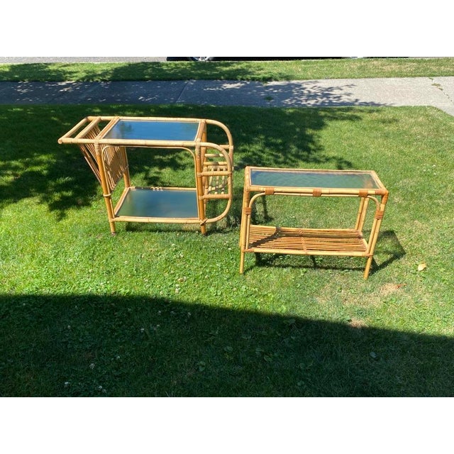 1950s Mid Century Bamboo and Rattan Bar Cart Trolley - Set of 2 For Sale - Image 6 of 12