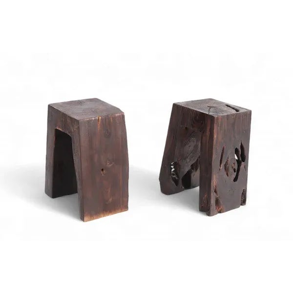 Wood Pair Sculptured Teak Accent or Side Table or Stool 13.2 For Sale - Image 7 of 9