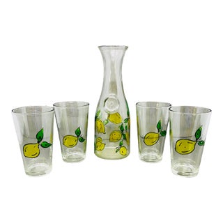 Vintage Cresi Hand Painted Lemons Carafe With Glasses a Set of 5 For Sale
