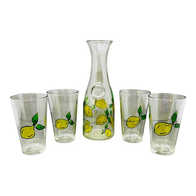 Vintage Cresi Hand Painted Lemons Carafe With Glasses a Set of 5 For Sale