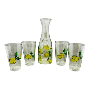 Vintage Cresi Hand Painted Lemons Carafe With Glasses a Set of 5