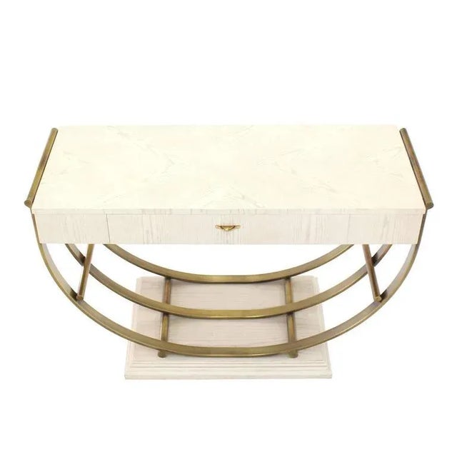 MidCentury Modern White Pickled Oak Finish Brass U Shape Base Console