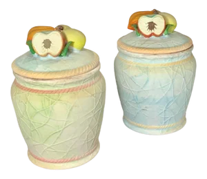 Mid 20th Century Stoneware Fruit Finial Cookie Jars - Set of 2