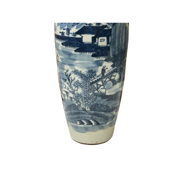 Oriental Small Blue White Calligraphy Scenery Graphic Porcelain Art Vase For Sale In San Francisco - Image 6 of 12