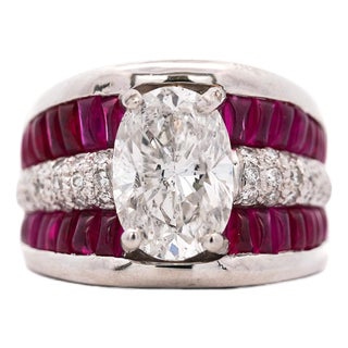 Gia 4.43 Carat Oval G/I1 Diamond & Cabochon Ruby Platinum Vintage Ring, Size 8 For Sale