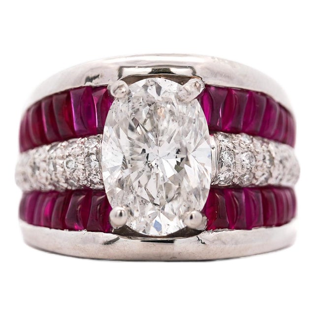 Gia 4.43 Carat Oval G/I1 Diamond & Cabochon Ruby Platinum Vintage Ring, Size 8 For Sale