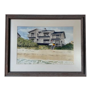 1980’s Helen R. Shick Coastal Florida Beach House Landscape Watercolor on Paper Painting, Framed Under Glass For Sale