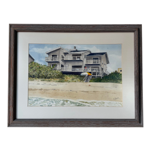 1980’s Helen R. Shick Coastal Florida Beach House Landscape Watercolor on Paper Painting, Framed Under Glass