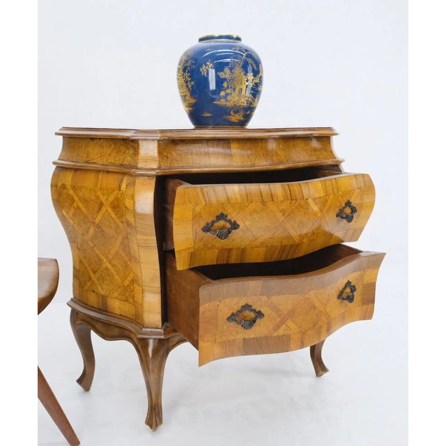 Italian Parquet burl wood bombe style compact entry chest of drawers dresser.