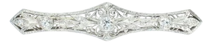 Mid 20th Century Elongated Platinum Brooch With 3 Diamonds and Filigree Design