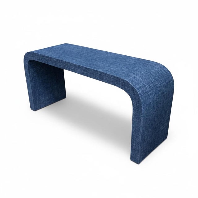 Karl Springer 1970s Karl Springer Style Modern Blue Denim Grasscloth Wrapped Console Table For Sale - Image 4 of 5