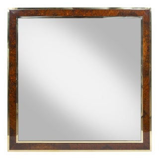 Mid-Century Modern Italian Wall Mirror with Brass Frame in Wood Veneer, 1970 For Sale