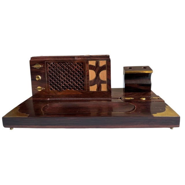 Vintage French Art Deco Handmade Wood and Brass Desk Set For Sale - Image 10 of 11