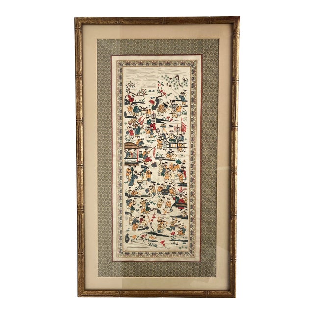 Antique Chinoiserie Silk Embroidered Panel, 100 Children Circa 1900 For Sale
