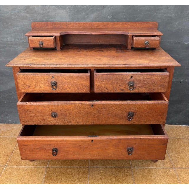 Traditional English Country Oak Chest of Drawers with Raised Back and Small Drawers, 1930s For Sale - Image 3 of 8