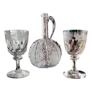 Antique Engraved Glass Claret Jug with Crystal Wine Goblets, 1890s, Set of 3 For Sale