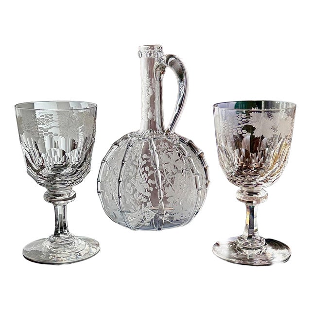 Antique Engraved Glass Claret Jug with Crystal Wine Goblets, 1890s, Set of 3 For Sale