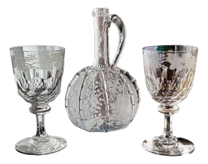 Antique Engraved Glass Claret Jug with Crystal Wine Goblets, 1890s, Set of 3