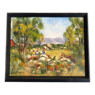 1960s Original Signed Rural Landscape Painting With Barn and Horse and Children & Dog in Black Wood Frame For Sale
