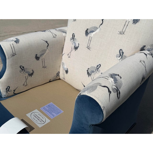 Hickory Chair Furniture Company Hickory Chair Blue Velvet and Embroidered Crane Upholstered Armchair With Ottoman For Sale - Image 4 of 12