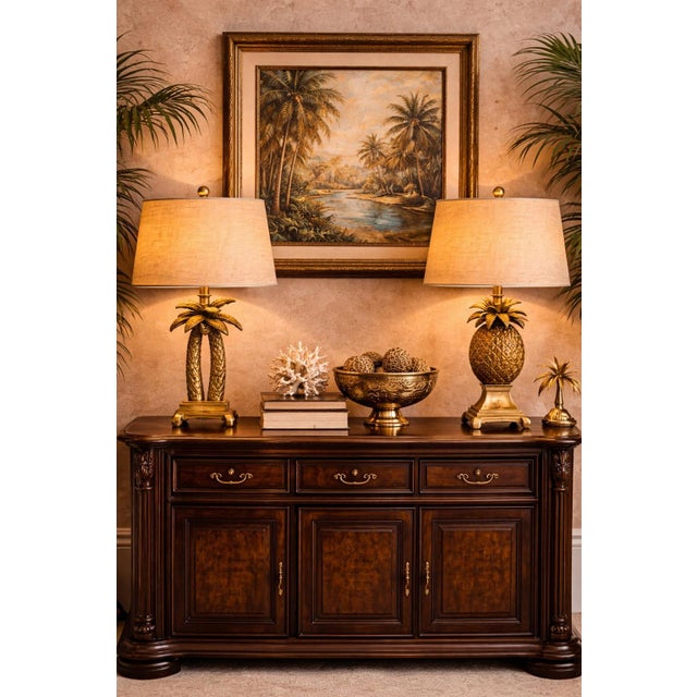 Brass Late 20th Century Petite Tropical Palm Tree & Pineapple Table Lamps With Raffia Drum Shades – Palm Beach Coastal Regency Style, 16” H For Sale - Image 8 of 10