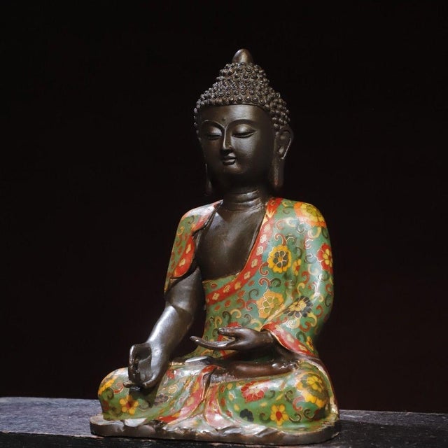 Chinese Vintage Cloisonné Enamel Bronze Figure of Amitabha Buddha – Seated Statue For Sale - Image 3 of 9