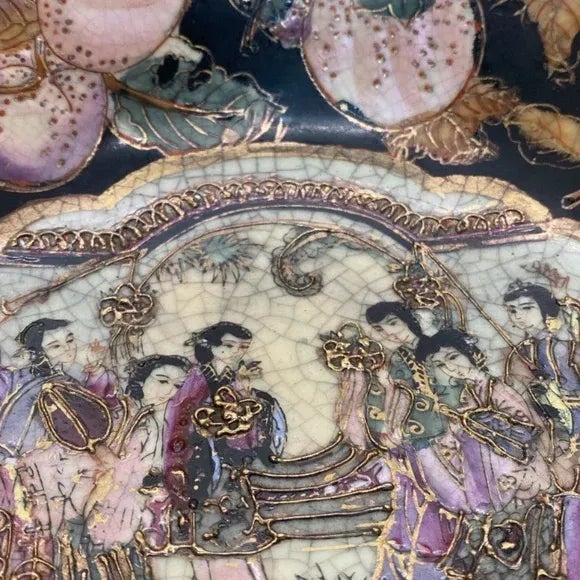 Vintage Andrea by Sadek Crackle Glaze Hand Painted Bowl - Ancient Chinese Girls in Center, Multicolor Fruit in Black, Gold Accent & Trim For Sale - Image 4 of 7