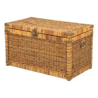 Chinese Brass Mounted Woven Wicker Chest For Sale