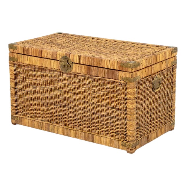 Chinese Brass Mounted Woven Wicker Chest For Sale