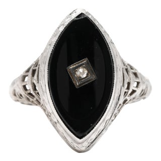 Vintage 14k White Gold Black Onyx & Diamond Navette Filigree Ring, Ring Size 6 For Sale