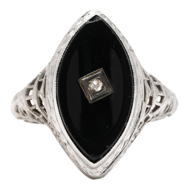 Vintage 14k White Gold Black Onyx & Diamond Navette Filigree Ring, Ring Size 6 For Sale