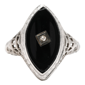 Vintage 14k White Gold Black Onyx & Diamond Navette Filigree Ring, Ring Size 6