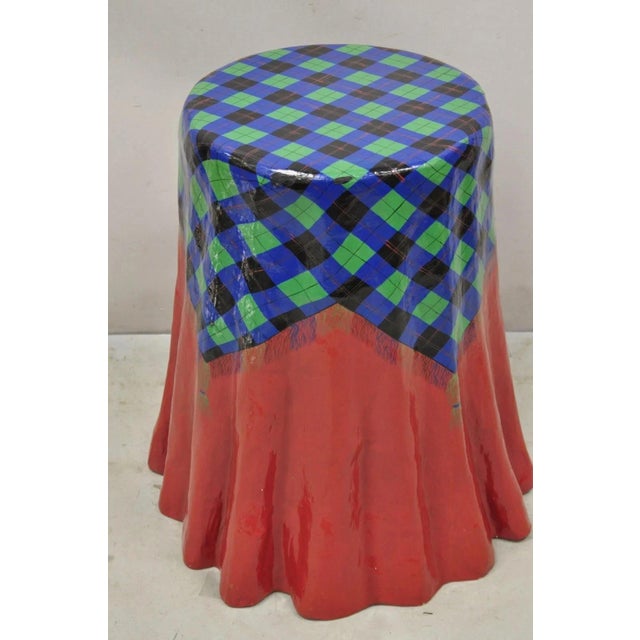Red Vintage Paper Mache Red Blue Green Tartan Painted "Tablecloth" Drape Side Table For Sale - Image 8 of 11