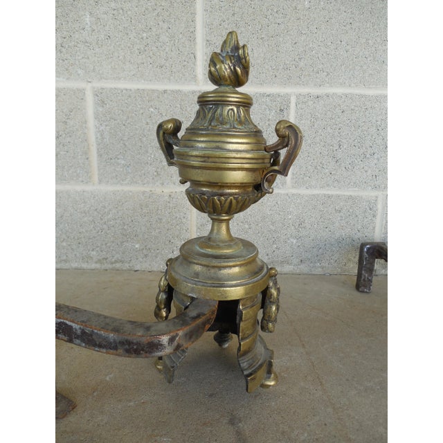 Antique Brass Urn & Flame Andirons - A Pair For Sale - Image 10 of 11