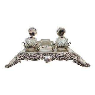 Relief Silver and Glass Inkwell with Floral Motifs and Reliefs For Sale