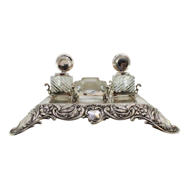 Relief Silver and Glass Inkwell with Floral Motifs and Reliefs For Sale